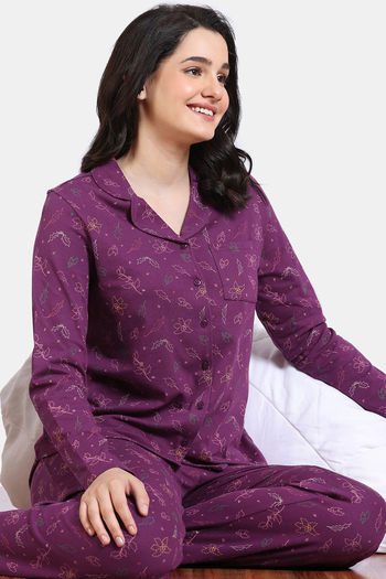 Buy Zivame Shades of Joy Knit Cotton Pyjama Set - Dark Purple